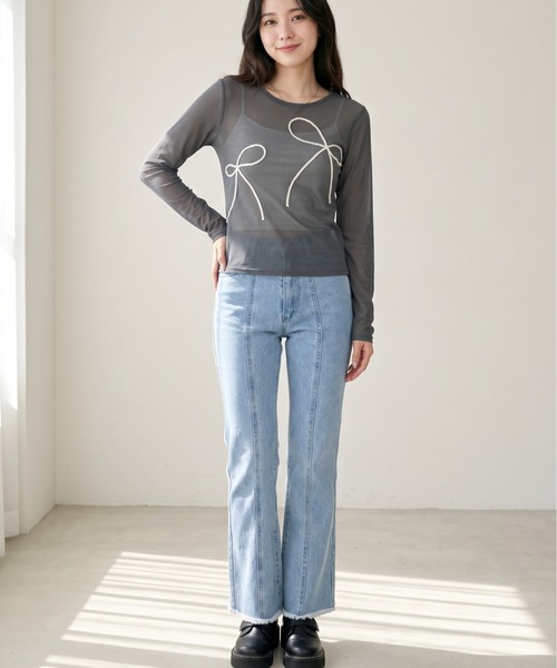 Per sist ence（パーシエンス）の「シアーリボンコード刺繍プルオーバー（Tシャツ/カットソー・レディース・チャコールグレー/アイボリー/ブラック・FREE）」の12枚目の写真