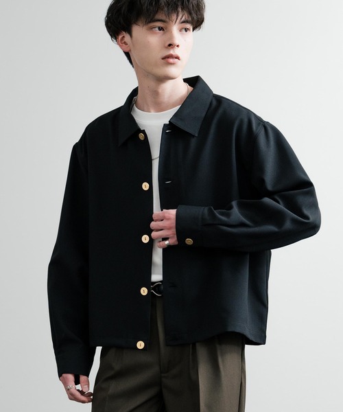 kkcloset slo ダークブラウン ボタン付きシャツジャケット セール】日本製 国産 ポリトロ＆総柄ヴィンテージフラワーゴールド