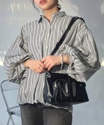 ●バックレースアップ ボリューム袖 裾タックブラウス