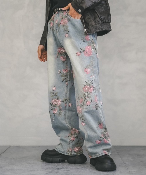 あさぎーにょ POPPY フラワーデニムパンツ シルバー ワイド L セール】Flower pattern vintage wash wide denim pants