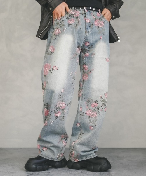 セール】Flower pattern vintage wash wide denim pants