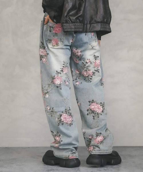 【POPPY】Gold flower denim pants Sサイズ セール】Flower pattern vintage wash wide denim pants
