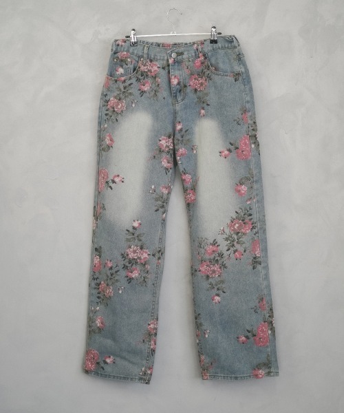 セール】Flower pattern vintage wash wide denim pants