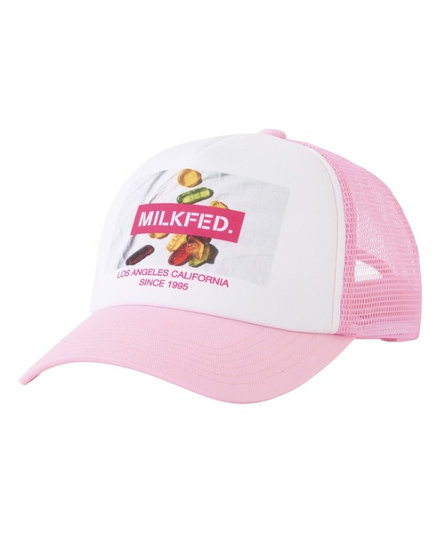 MILKFED.(ミルクフェド)の「SWEETS GRAPHIC PRINT MESH CAP(キャップ・レディース・ライトグレー/ライトピンク/ブラック・ONE SIZE)」の1枚目の写真