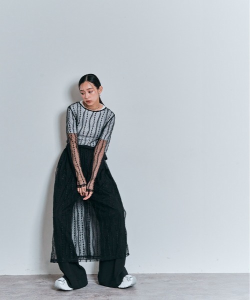 W:Huku(フーク)の「ドビー レース 花柄刺繍 メッシュ スカート(スカート・レディース・ブラック/ホワイト・FREE)」の12枚目の写真