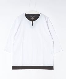 【汗染みの目立ちにくいTシャツ ZEROSTAIN/ゼロステイン】フェイクレイヤード ビッグシルエット キーネック クルーネック 7分袖Tシャツ 防汚 UVカット 綿タッチ・厚手