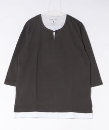 【汗染みの目立ちにくいTシャツ ZEROSTAIN/ゼロステイン】フェイクレイヤード ビッグシルエット キーネック クルーネック 7分袖Tシャツ 防汚 ＵＶカット 綿タッチ・厚手