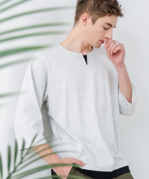 UNIIT(ユニット)の「【汗染みの目立ちにくいTシャツ ZEROSTAIN/ゼロステイン】フェイクレイヤード ビッグシルエット キーネック クルーネック 7分袖Tシャツ 防汚 UVカット 綿タッチ・厚手(Tシャツ/カットソー・メンズ・ホワイト系その他2/ベージュ系その他/ブラック系その他/ブルー系その他2/ブルー系その他/スミクロ/ホワイト系その他・X-LARGE/LARGE/MEDIUM)」の5枚目の写真