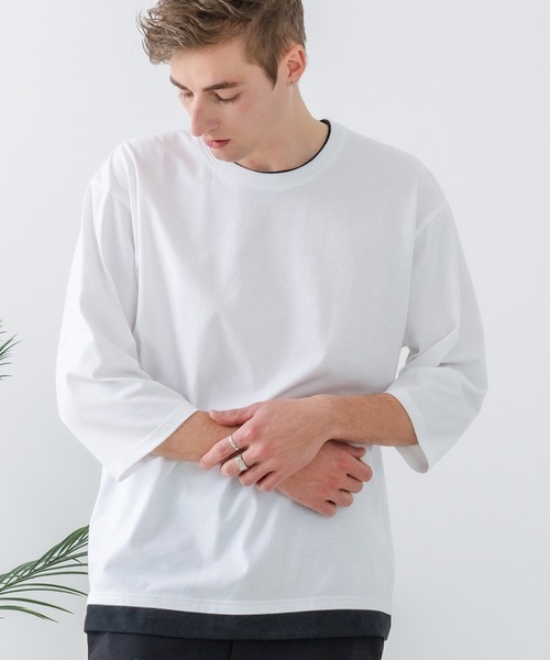 UNIIT(ユニット)の「【汗染みの目立ちにくいTシャツ ZEROSTAIN/ゼロステイン】フェイクレイヤード ビッグシルエット キーネック クルーネック 7分袖Tシャツ 防汚 UVカット 綿タッチ・厚手(Tシャツ/カットソー・メンズ・ホワイト系その他2/ベージュ系その他/ブラック系その他/ブルー系その他2/ブルー系その他/スミクロ/ホワイト系その他・X-LARGE/LARGE/MEDIUM)」の2枚目の写真