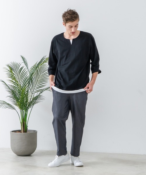 UNIIT(ユニット)の「【汗染みの目立ちにくいTシャツ ZEROSTAIN/ゼロステイン】フェイクレイヤード ビッグシルエット キーネック クルーネック 7分袖Tシャツ 防汚 UVカット 綿タッチ・厚手(Tシャツ/カットソー・メンズ・ホワイト系その他2/ベージュ系その他/ブラック系その他/ブルー系その他2/ブルー系その他/スミクロ/ホワイト系その他・X-LARGE/LARGE/MEDIUM)」の9枚目の写真