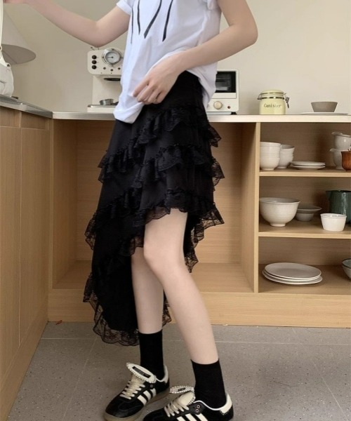 gossip!ロサンゼルス(ゴシップロサンゼルス)の「個性派ヴィンテージスタイル アシンメトリーレースヘムティアードスカート(スカート・レディース・ブラック/ホワイト・FREE)」の16枚目の写真