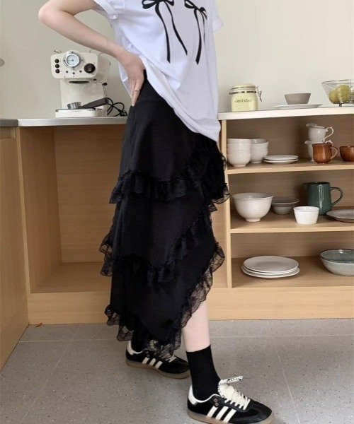 gossip!ロサンゼルス(ゴシップロサンゼルス)の「個性派ヴィンテージスタイル アシンメトリーレースヘムティアードスカート(スカート・レディース・ブラック/ホワイト・FREE)」の15枚目の写真