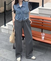 襟付き半袖カットソー切り替えデニムトップスパンツ2点セットアップ