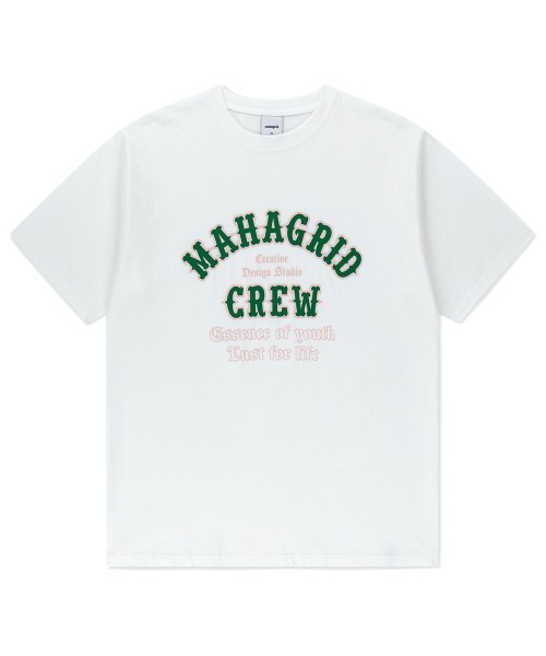 MAHAGRID(マハグリッド)の「『mahagrid/マハグリッド』 MAHAGRID CREW TEE /クルー 半袖Tシャツ(Tシャツ/カットソー・メンズ・ホワイト/ブラウン・M/L)」の1枚目の写真