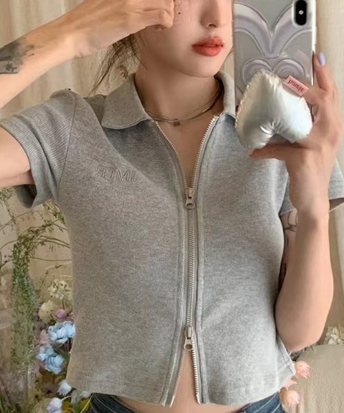 Courrèges　ラメロゴ　ダブルジップ　短丈　半袖パーカー　袖ライン　Y2K オンライン ショップ 安いファッション - Courrèges ラメロゴ