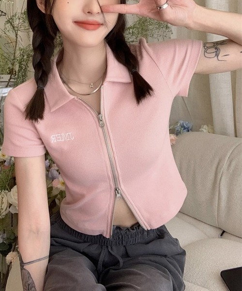 Courrèges　ラメロゴ　ダブルジップ　短丈　半袖パーカー　袖ライン　Y2K HALEY PESCA/2WAYショート丈 Y2Kダブルジップ半袖 パーカー