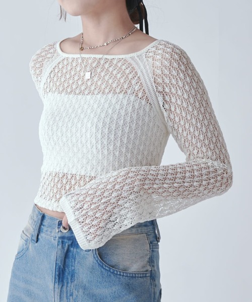 Lui's(ルイス)の「レース編みニットトップス(Tシャツ/カットソー・レディース・グレー/ホワイト系その他/ブラック・FREE)」の2枚目の写真