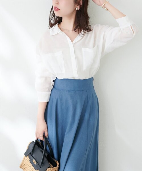 natural couture(ナチュラルクチュール)の「Wポケットシアーシャツ(シャツ/ブラウス・レディース・ピンク/ベージュ/ミント/スミクロ/オフホワイト・FREE)」の15枚目の写真