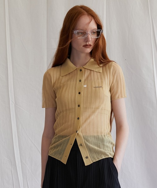 ポロシャツ ポロ リブニットポロシャツ / Ribbed Knit Polo Shirt レディース MUHET ポロシャツ ポロ ribbed knit polo / リブニットポロ