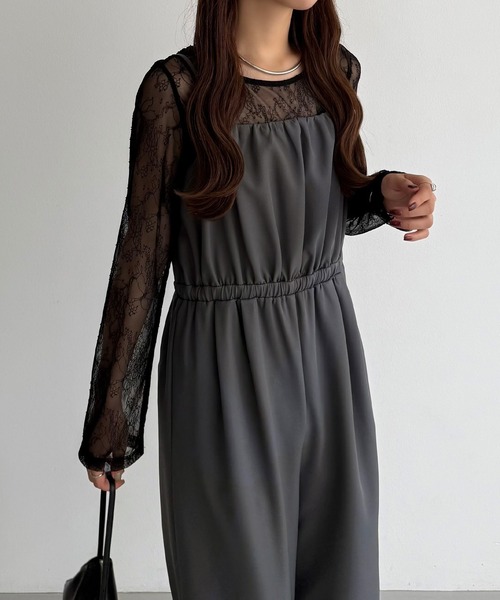 callautia（カラウティア）の「【2点セット】シアーレーストップス+ギャザーサロぺットパンツ（サロペット/オーバーオール・レディース・ライトベージュ/ブラック/チャコール・LARGE/MEDIUM/SMALL）」の3枚目の写真