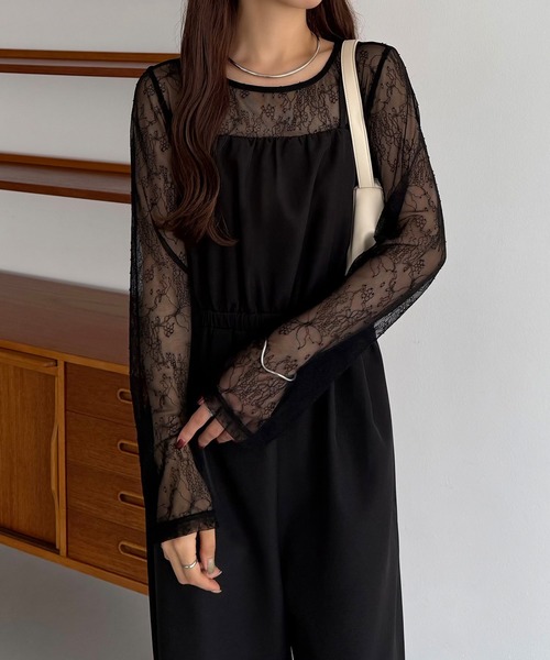 callautia（カラウティア）の「【2点セット】シアーレーストップス+ギャザーサロぺットパンツ（サロペット/オーバーオール・レディース・ライトベージュ/ブラック/チャコール・LARGE/MEDIUM/SMALL）」の2枚目の写真