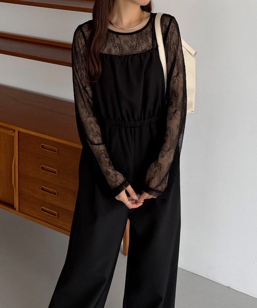 callautia（カラウティア）の「【2点セット】シアーレーストップス+ギャザーサロぺットパンツ（サロペット/オーバーオール・レディース・ライトベージュ/ブラック/チャコール・LARGE/MEDIUM/SMALL）」の4枚目の写真