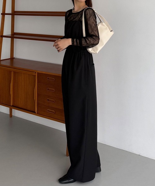 callautia（カラウティア）の「【2点セット】シアーレーストップス+ギャザーサロぺットパンツ（サロペット/オーバーオール・レディース・ライトベージュ/ブラック/チャコール・LARGE/MEDIUM/SMALL）」の6枚目の写真