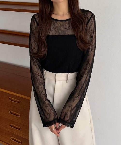 callautia（カラウティア）の「【2点セット】シアーレーストップス+ギャザーサロぺットパンツ（サロペット/オーバーオール・レディース・ライトベージュ/ブラック/チャコール・LARGE/MEDIUM/SMALL）」の7枚目の写真