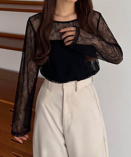 callautia（カラウティア）の「【2点セット】シアーレーストップス+ギャザーサロぺットパンツ（サロペット/オーバーオール・レディース・ライトベージュ/ブラック/チャコール・LARGE/MEDIUM/SMALL）」の8枚目の写真