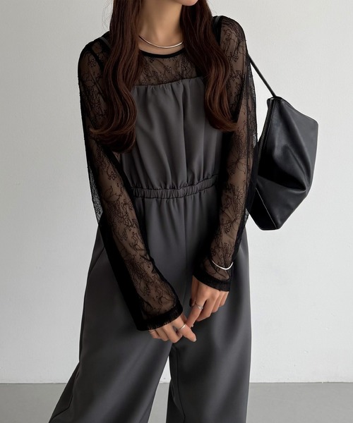 callautia（カラウティア）の「【2点セット】シアーレーストップス+ギャザーサロぺットパンツ（サロペット/オーバーオール・レディース・ライトベージュ/ブラック/チャコール・LARGE/MEDIUM/SMALL）」の10枚目の写真