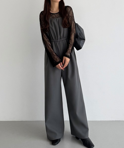 callautia（カラウティア）の「【2点セット】シアーレーストップス+ギャザーサロぺットパンツ（サロペット/オーバーオール・レディース・ライトベージュ/ブラック/チャコール・LARGE/MEDIUM/SMALL）」の11枚目の写真