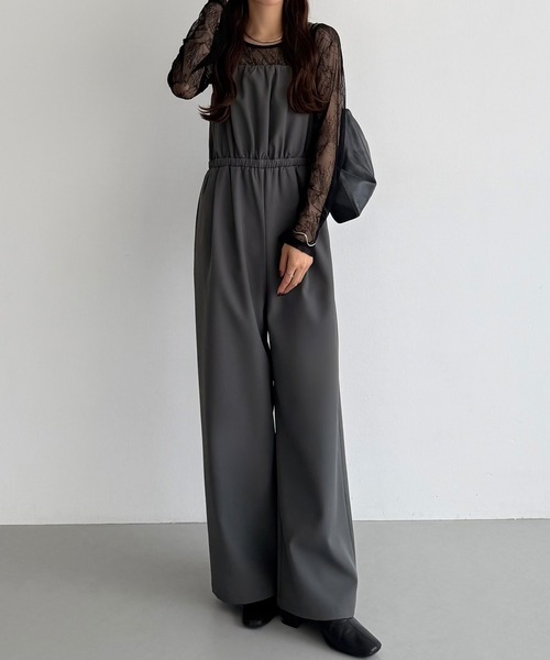 callautia（カラウティア）の「【2点セット】シアーレーストップス+ギャザーサロぺットパンツ（サロペット/オーバーオール・レディース・ライトベージュ/ブラック/チャコール・LARGE/MEDIUM/SMALL）」の12枚目の写真