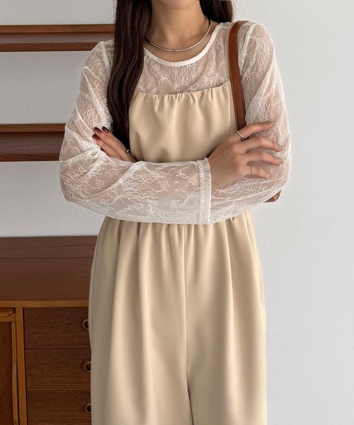 callautia（カラウティア）の「【2点セット】シアーレーストップス+ギャザーサロぺットパンツ（サロペット/オーバーオール・レディース・ライトベージュ/ブラック/チャコール・LARGE/MEDIUM/SMALL）」の13枚目の写真