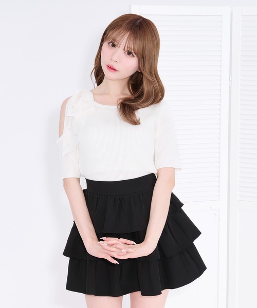 French Girly Collection】肩開きパールリボントップス（Tシャツ