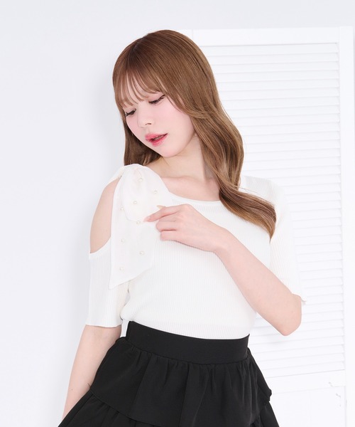 French Girly Collection】肩開きパールリボントップス（Tシャツ 