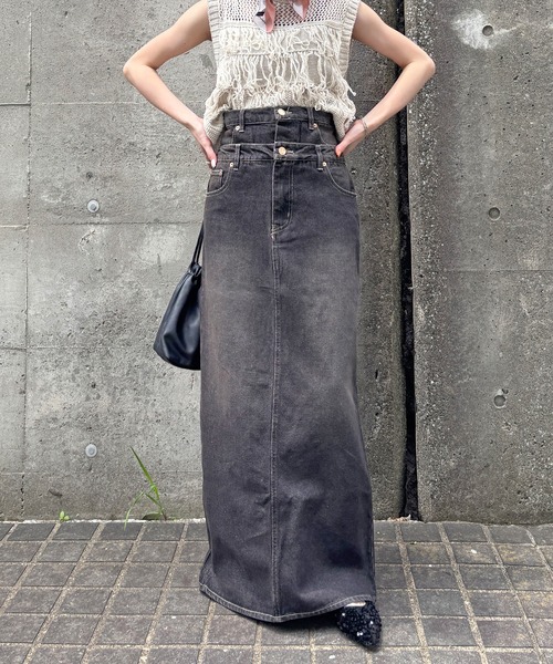 ISOOK（アイスー）の「【ISOOK / アイスー】ダブルウエストデニムスカート / 切り替え レイヤード風 デザインデニム スリットスカート ペンシルスカート タイトスカート ストレート Iライン ロング マキシ丈 ヴィンテージ風 古着風 ライトブルー ブラック 水色 黒 ZOZOTOWN限定（デニムスカート・レディース・ブラック/ライトブルー・FREE）」の3枚目の写真