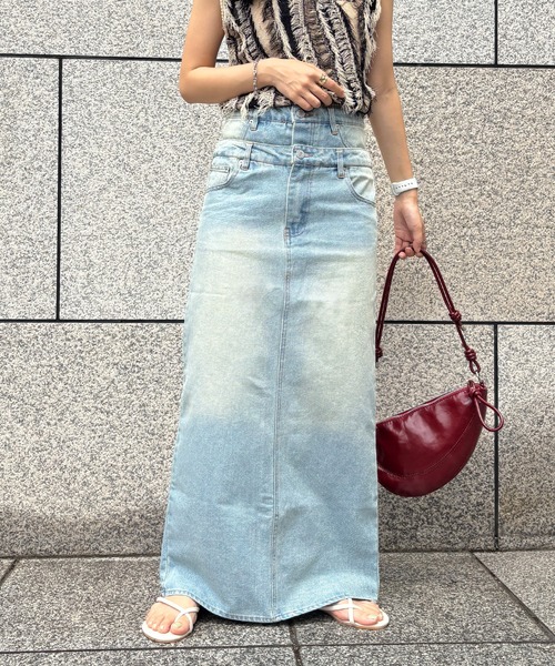 ISOOK（アイスー）の「【ISOOK / アイスー】ダブルウエストデニムスカート / 切り替え レイヤード風 デザインデニム スリットスカート ペンシルスカート タイトスカート ストレート Iライン ロング マキシ丈 ヴィンテージ風 古着風 ライトブルー ブラック 水色 黒 ZOZOTOWN限定（デニムスカート・レディース・ブラック/ライトブルー・FREE）」の15枚目の写真