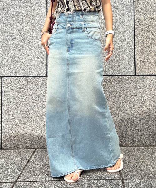 ISOOK（アイスー）の「【ISOOK / アイスー】ダブルウエストデニムスカート / 切り替え レイヤード風 デザインデニム スリットスカート ペンシルスカート タイトスカート ストレート Iライン ロング マキシ丈 ヴィンテージ風 古着風 ライトブルー ブラック 水色 黒 ZOZOTOWN限定（デニムスカート・レディース・ブラック/ライトブルー・FREE）」の16枚目の写真