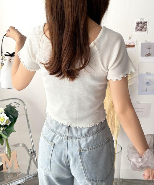 Dewlily(デューリリー)の「デニムにもスカートにも合う甘めトップス リボン付きショートニットトップス(ニット/セーター・レディース・ブラック/イエロー/ブルー/グリーン/ホワイト・FREE)」の8枚目の写真