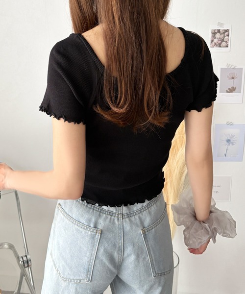 Dewlily(デューリリー)の「デニムにもスカートにも合う甘めトップス リボン付きショートニットトップス(ニット/セーター・レディース・ブラック/イエロー/ブルー/グリーン/ホワイト・FREE)」の12枚目の写真
