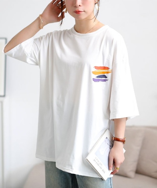 GOLDJAPAN(ゴールドジャパン)の「バックペイント柄オーバーサイズTシャツ【大きいサイズ対応】(Tシャツ/カットソー・レディース・ホワイト/ピンク/グレー/ブラック・LL/3L/4L/5L)」の1枚目の写真