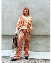 オレンジフラワーVネックカーディガン