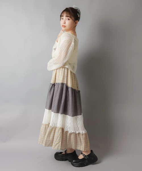 ホームスパン　homspun ギャザーパッチワークスカート　キャミワンピース つぎはぎキャミワンピース/チェックパッチワーク（ワンピース