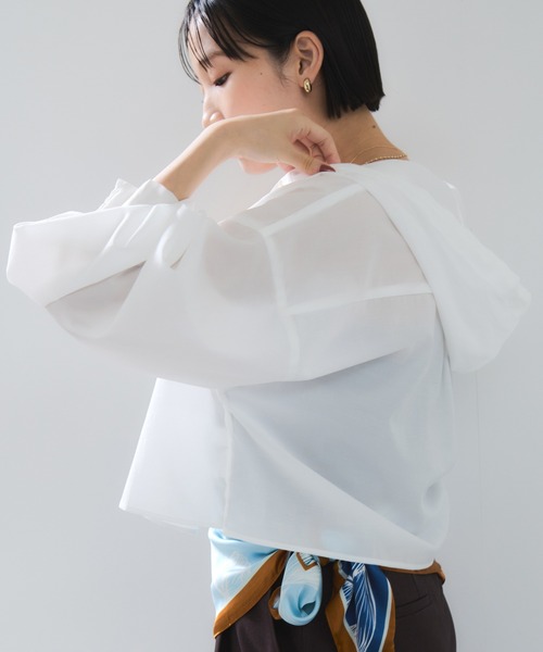 VIS（ビス）の「フード付きクロップドシアーシャツ（シャツ/ブラウス・レディース・ブラック/オフホワイト/ピンク・FREE）」の2枚目の写真