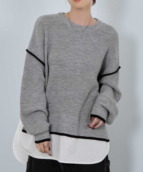 NAVY(ネイビー)の「nAvy 時短レイヤード風クルーネックニット(ニット/セーター・レディース・ブルーグリーン/チャコールグレー/杢グレー/マスタード・FREE)」の1枚目の写真