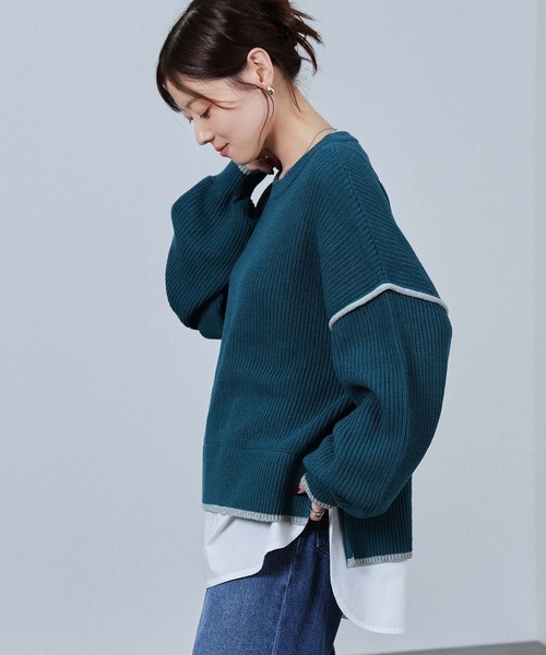 NAVY(ネイビー)の「nAvy 時短レイヤード風クルーネックニット(ニット/セーター・レディース・ブルーグリーン/チャコールグレー/杢グレー/マスタード・FREE)」の6枚目の写真