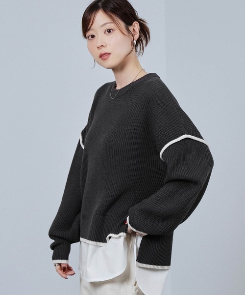NAVY(ネイビー)の「nAvy 時短レイヤード風クルーネックニット(ニット/セーター・レディース・ブルーグリーン/チャコールグレー/杢グレー/マスタード・FREE)」の15枚目の写真