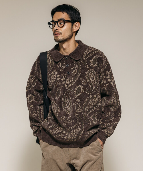 セール】ペイズリー総柄 モール糸 ポロニット/リラックスフィット セール】ペイズリー総柄 モール糸 ポロニット/リラックスフィット