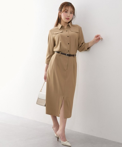 セール】【大きい胸専用】着やせを叶えるサファリ七分袖ワンピース