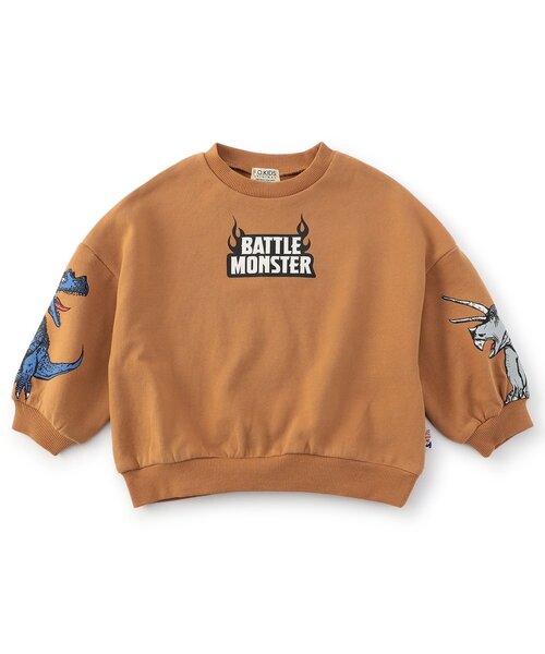 F.O.KIDS(エフオーキッズ)の「【ジュニア対応】VS DINOスリーブプリントトレーナー(スウェット・キッズ・オレンジ/オフホワイト/ブルー・140/130/120/110/100/90/80)」の1枚目の写真